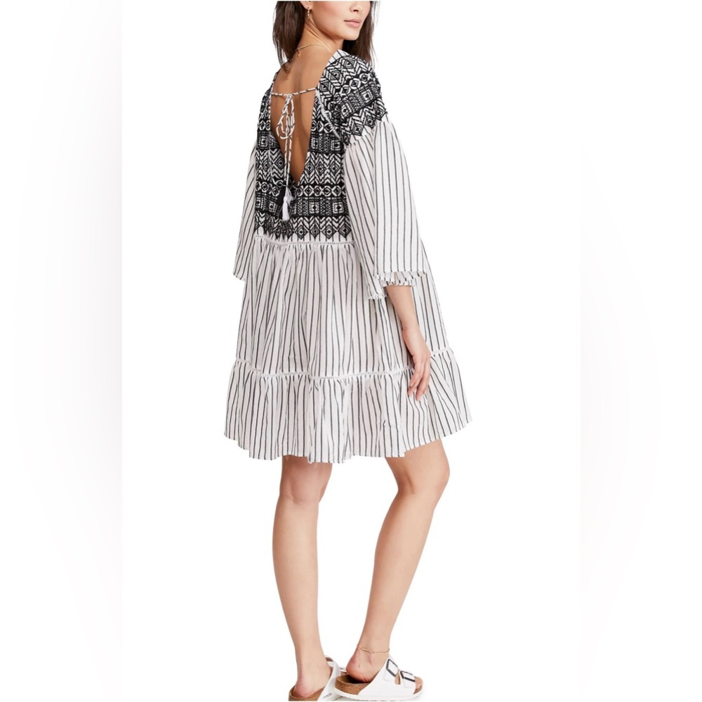 Free People Lola Dress XS Embroidered Short Boho Minidress Stripe White Black